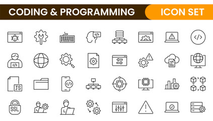 Programming coding set of web icons in line style. Software development icons for web and mobile app. Code, api, programmer, developer, information technology, coder and more.