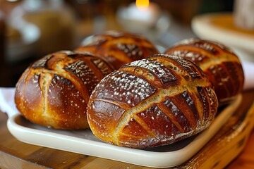 Wall Mural - A tray of bread on a wooden table.