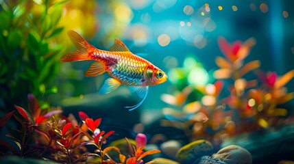 Wall Mural - A goldfish swimming in an aquarium with plants.