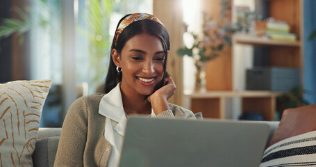 Aufkleber - Woman, laptop and happy in lounge for blog, reading and email or digital report in home. Remote work, female journalist and internet for article, online or network for feedback or research with smile