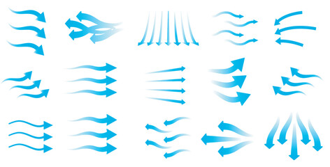 Collection of wind air flow Elements Flowing arrow air flow direction, gradient wind air flow elements, blue gradient flowing arrow, vector illustration