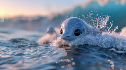 Poster - A toy dolphin is in the water near a wave