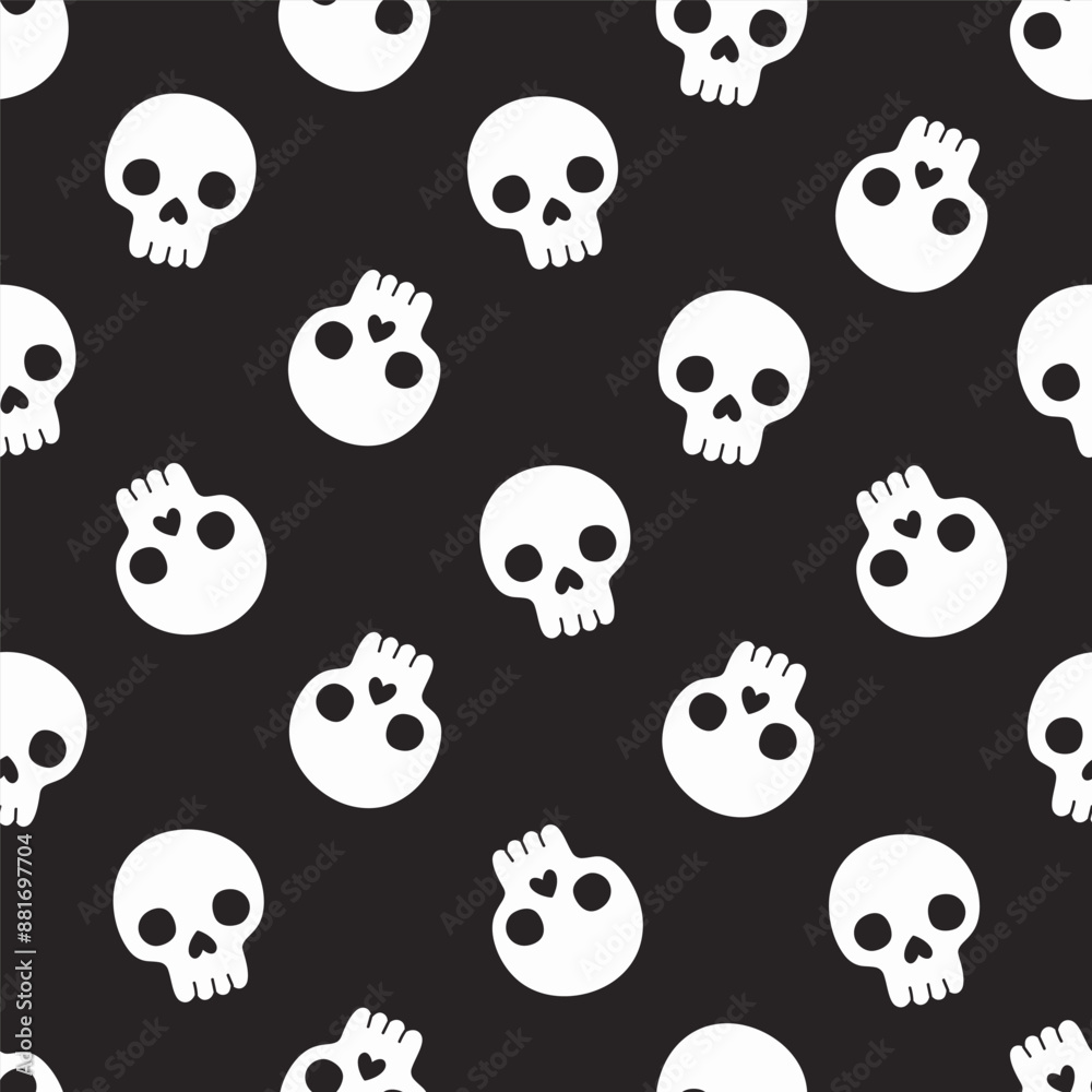Simple seamless pattern with human skulls on a black background. Vector graphics.