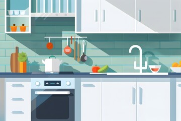 Wall Mural - Cozy and Functional Kitchen Interior in Flat Minimalist Design Style