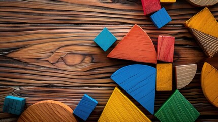 Aufkleber - Vibrant geometric wooden toy blocks for kid learning on wooden surface top view with copy space educational and creative concept