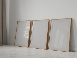 Three blank mockup, frame in room, interior empty frame art background, 3D render