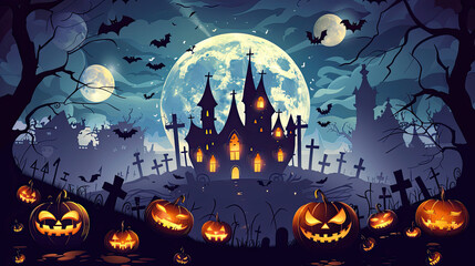 Wall Mural - Halloween vector illustration. Scary cemetery, graves, tomb stones, night sky, Dracula's castle, black crow, flock of bats, creepy pumpkins, Halloween scene, template for greeting card.