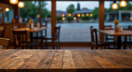 Wall Mural - empty wooden table top with Restaurand Background for product display