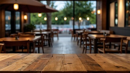 Poster - empty wooden table top with Restaurand Background for product display