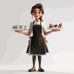 3D illustration of a cute little girl in apron holding a tray of cakes