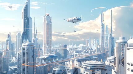 Wall Mural - Futuristic Cityscape with Flying Vehicles