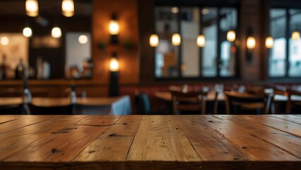 Poster - empty wooden table top with Restaurand Background for product display