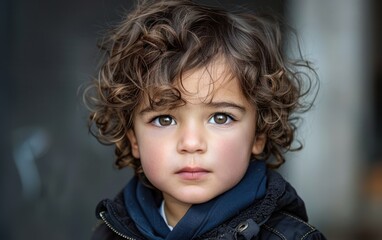 Poster - A young child with curly hair and a blue hoodie. The child has a serious expression on his face