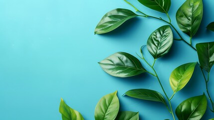 Poster - Green Leaves on a Blue Background