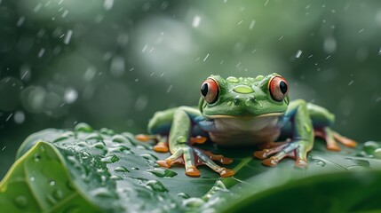 Wall Mural - Red-Eyed Tree Frog in Rain