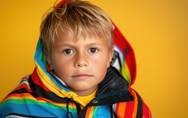 Poster - A young boy wearing a colorful jacket and hoodie is looking at the camera. Concept of warmth and comfort, as the boy is bundled up in a cozy outfit. The vibrant colors of the jacket