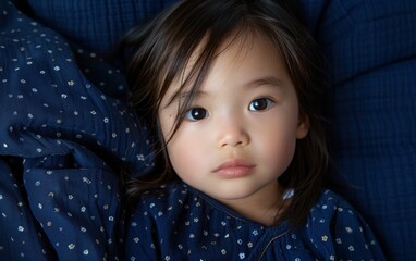 Wall Mural - A young girl is laying on a blue blanket with her eyes closed. She is wearing a blue dress with a floral pattern