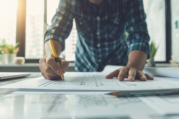 Wall Mural - Architect or engineer working on blueprint at office desk, Construction concept.