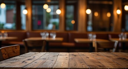 Poster - empty wooden table top with Restaurand Background for product display