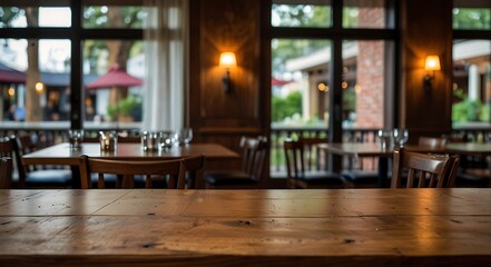 Poster - empty wooden table top with Restaurand Background for product display