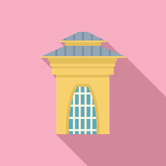 Poster - building with an arched entrance and blue roof is casting a shadow on the pink wall