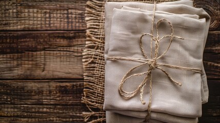 Poster - Brown and beige linen napkins tied with string rustic decoration Top view with space for text