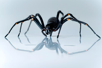 Wall Mural - Closeup of a black widow spider crawling on a white glossy surface