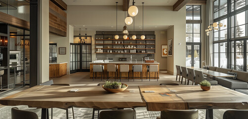 Wall Mural - An open-concept dining area with a wooden table, chic chairs, and contemporary lighting fixtures hanging above.