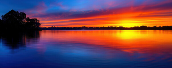 Wall Mural - A beautiful sunset over a lake with a tree in the background