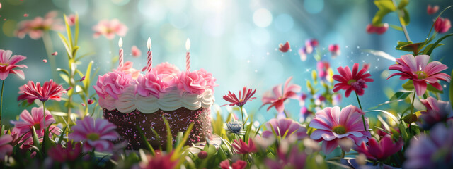 Canvas Print - cute flowers and a cake