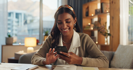 Aufkleber - woman, happy and cellphone at desk for networking, communication and social media in home. journalis