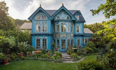 A large blue house with a garden in front of it