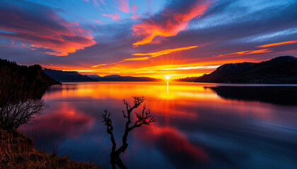 Wall Mural - A beautiful sunset over a lake with a tree in the foreground