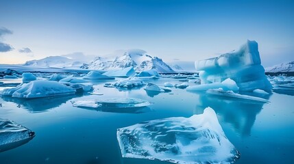 Serene view of the jokulsarlon glacier lagoon in iceland, featuring vivid blue icebergs against a backdrop of snowy mountains under a clear sky. 