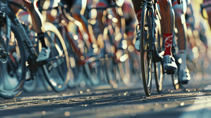 Wall Mural - A group of cyclists is racing along the road. The image is blurry, and bicycle wheels are visible on it. Road bicycle racing