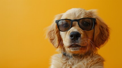 Adorable golden retriever puppy wearing black glasses against a vibrant orange background, portraying a cool and stylish look.