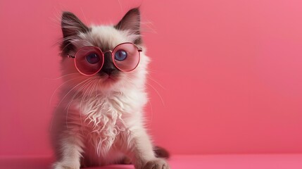 Wall Mural - Adorable kitten with pink glasses sitting against a vibrant pink background, showcasing its playful and cute personality.