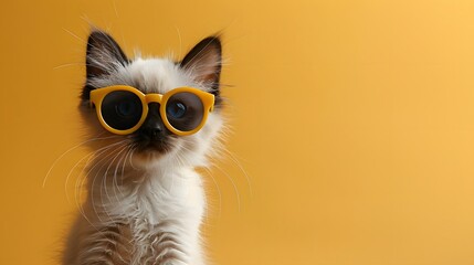 Adorable white kitten with sunglasses poses against a vibrant yellow background. Stylish and cute pet perfect for summer-themed designs.