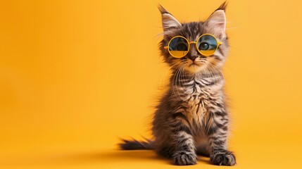 Wall Mural - Adorable tabby kitten with sunglasses against a bright orange background. The feline displays a quirky and playful personality.