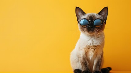 Wall Mural - Cute Siamese cat wearing blue sunglasses on a bright yellow background, showcasing quirky feline fashion and personality.