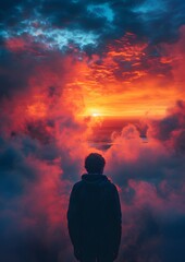 Wall Mural - A man stands in the middle of a cloud of smoke, looking out at the ocean. The sky is a mix of orange and blue, creating a serene and peaceful atmosphere. The man is lost in thought