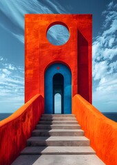 A red and blue building with a large archway. The building is in front of a body of water