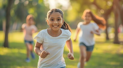 Wall Mural - Young latin american girl kid running in a park