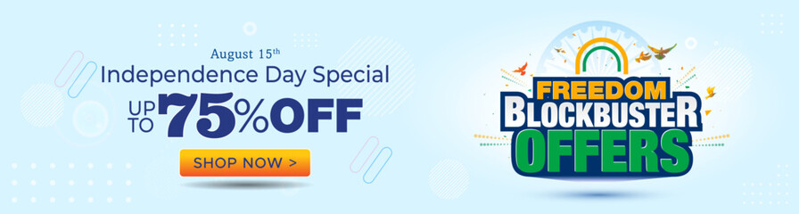 Sticker - Independence day of India Freedom festival sale 75% off deal discount text with podium and tricolor background. Promotional web banner header design.