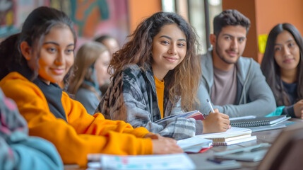 Poster - A diverse group of smiling students in a classroom setting, casual wear, on a blurred background, concept of education. Generative AI