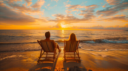 Poster - Two people sitting on beach chairs watching sunset over the sea, vibrant colors, relaxation concept. Generative AI