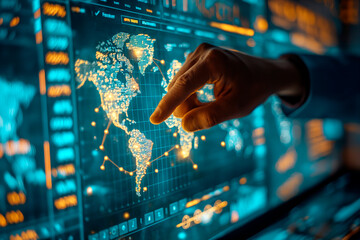 Poster - A hand interacting with an interactive digital world map on a futuristic interface, embodying concepts of globalization and technology on a dark background. Generative AI