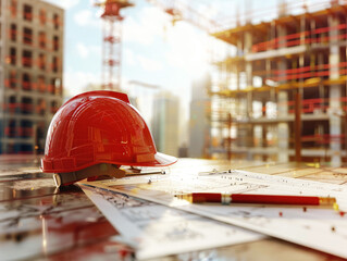 Poster - A red safety helmet on architectural plans with a construction site in the background, depicting the concept of building and planning. Generative AI