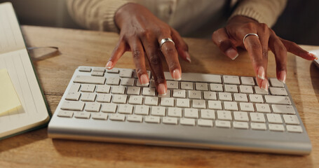 Aufkleber - Hands, keyboard and typing at desk office for research, planning and email or digital report. Work from home, woman and technology for creativity, journalist or online for feedback or review for blog