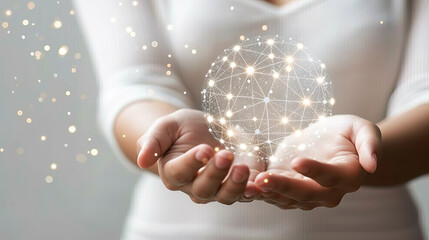 Poster - Hands presenting an illuminated digital globe, with a glowing network pattern, set against a soft-lit background, concept of connectivity. Generative AI